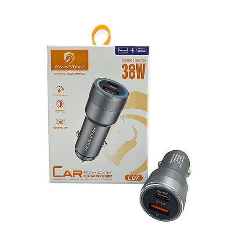 Carregador Veicular Metálica Led Turbo 38w 2 Usb E Usb C