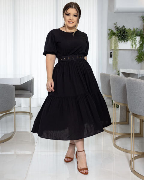 Vestido Midi três marias c/ cinto Marina