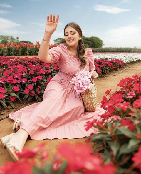 Vestido Midi Lastex plissado - Rosa