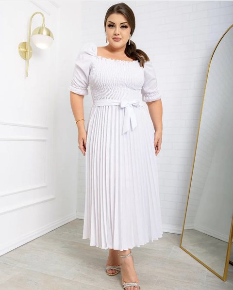 Vestido Midi lastex Plissado - Branco