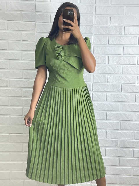 Vestido Midi plissado Fioritta - Verde militar