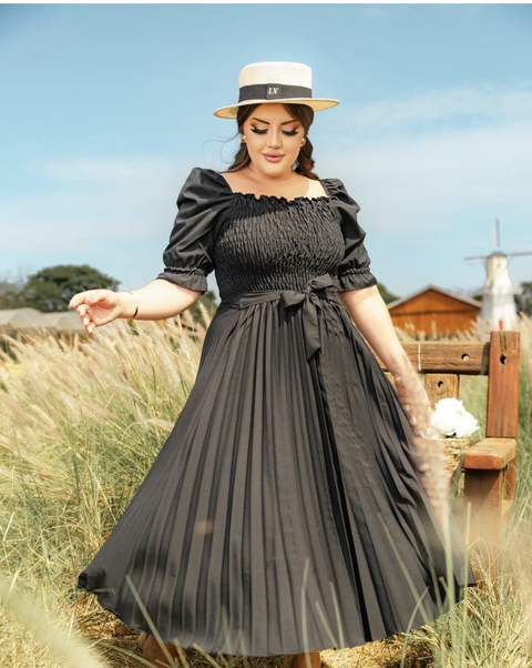 Vestido Midi lastex plissado - Preto