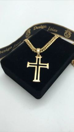 Corrente Com Elos Duplos, Grumet Dupla ou Romana Quadrada Com Pingente de Cruz Em ouro 18kl/750 - Design Joias