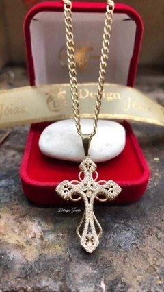 Corrente Grumet Com Pingente Cruz Em Ouro 18KL/750