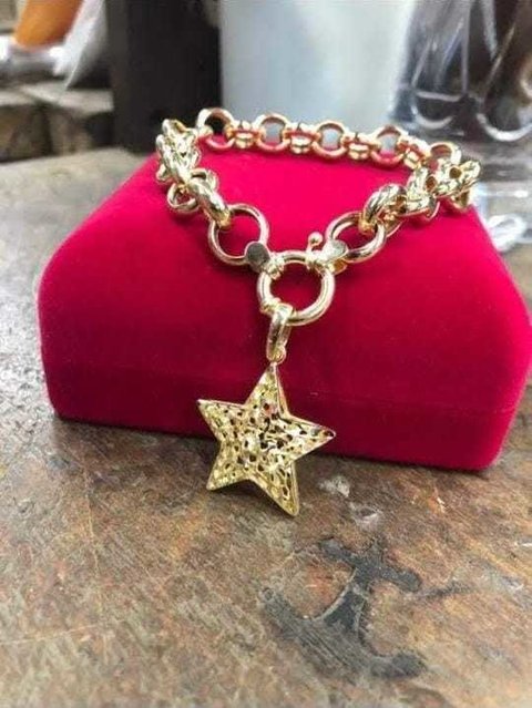 Pulseira Portuguesa Com Berloque de Estrela Em Ouro 18kl/750