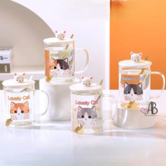 TAZA CON TAPA VIDRIO LOVELY CAT - comprar online