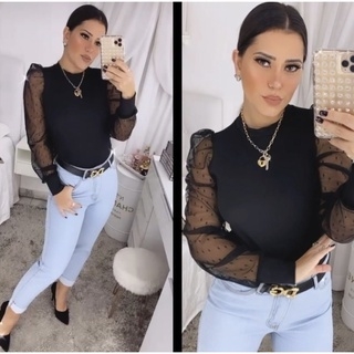 Blusa Feminina Canelada Manga Tule Comprida - comprar online