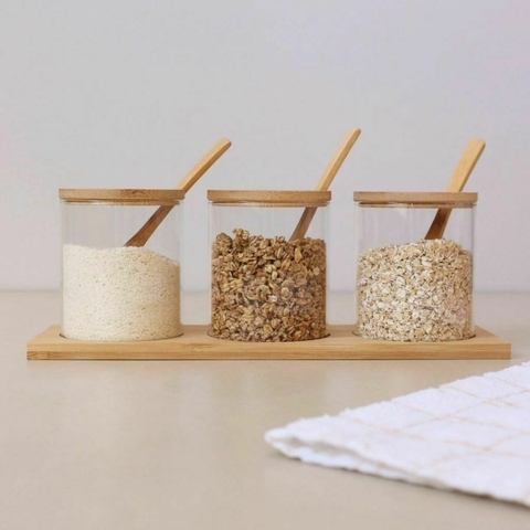 Kit 3 Potes Porta Condimentos com Bandeja de Bambu - comprar online