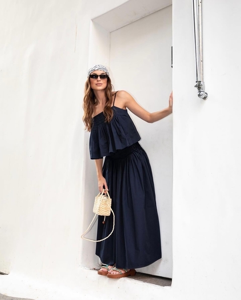 Conjunto Top e Saia Midi Com Pregas 100% Algodão - comprar online