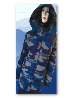 Campera lana estampada y cuero azul