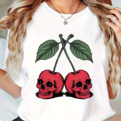 Camiseta Casual Esportiva Feminina com Estampa de Caveira e Cereja - comprar online