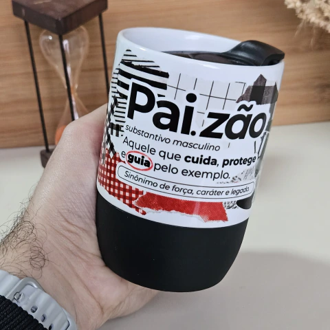 Copo de Cerâmica com Tampa e Base Silicone 325ml Copo Buddy Personalizado Dia dos Pais