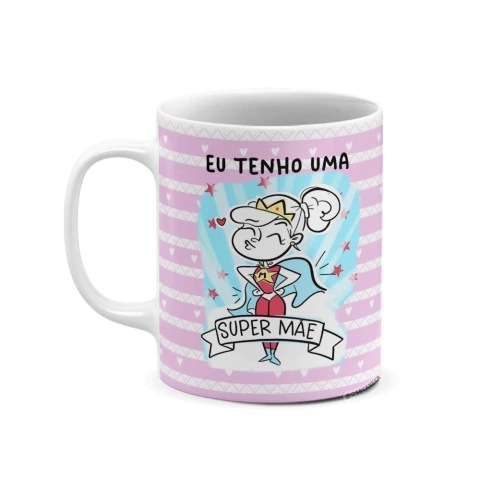 Caneca de Cerâmica "Eu Tenho uma Super Mãe" - Edição Listras Lavanda | Sr. Caneca