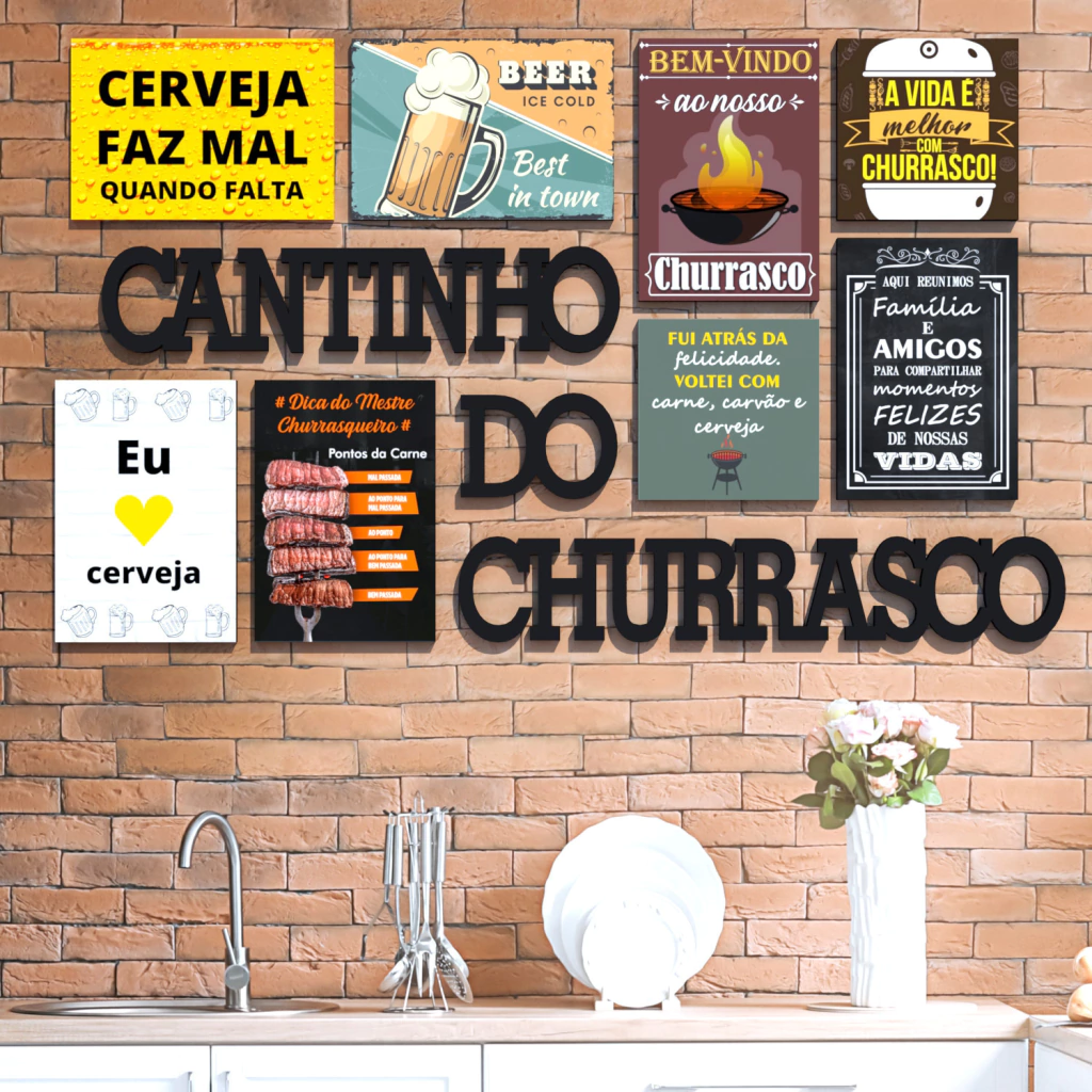 CONJUNTO PLACAS ÁREA CHURRASCO E ESCRITAS CANTINHO DO CHURRASCO