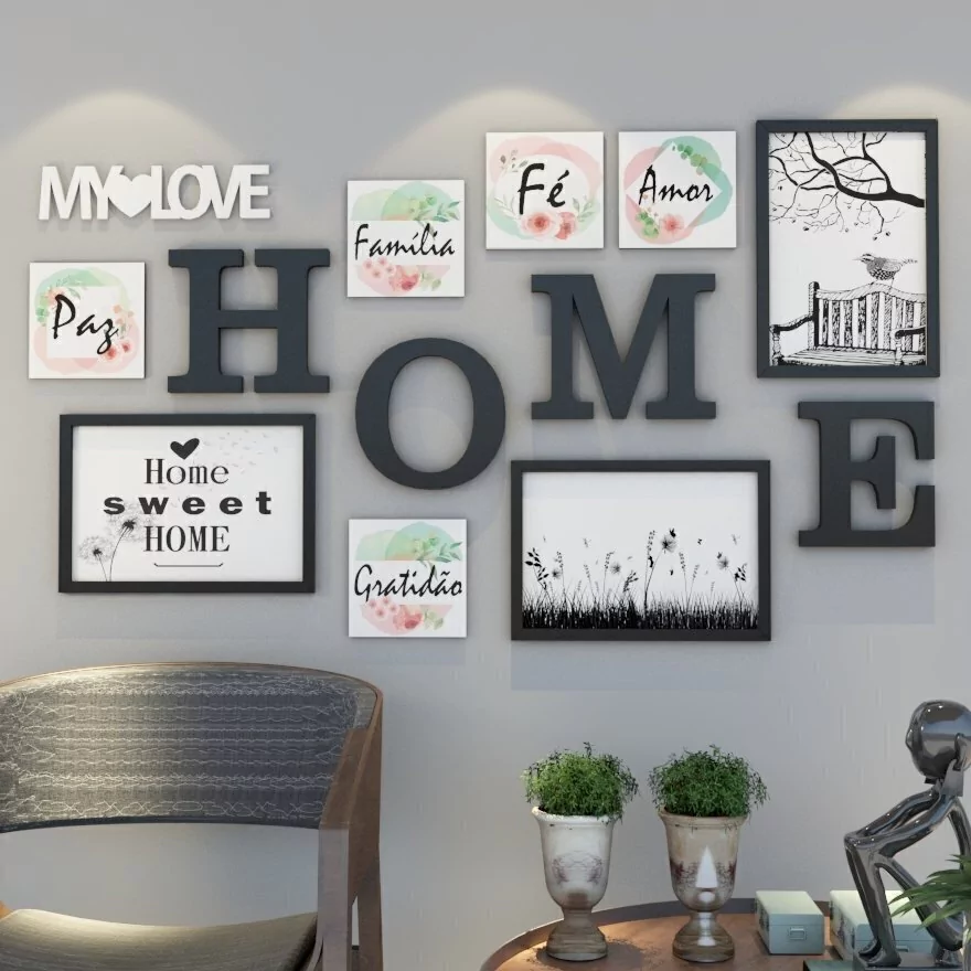 CONJUNTO QUADROS E LETRAS - HOME FÉ, AMOR, PAZ