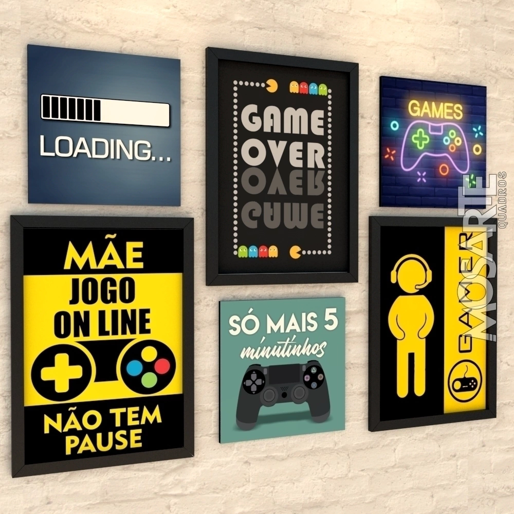 CONJUNTO 6 QUADROS GAMER - SÓ MAIS 5 MINUTINHOS + MÂE JOGO ON LINE...
