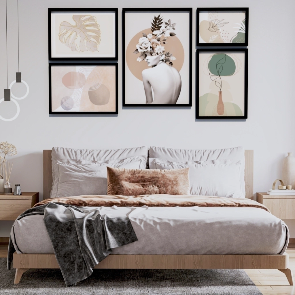CONJUNTO 5 QUADROS - MULHER E FLORES