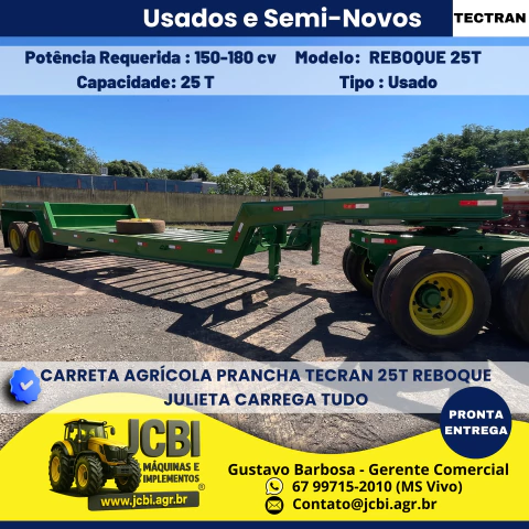 CARRETA AGRÍCOLA PRANCHA TECRAN 25T REBOQUE JULIETA CARREGA TUDO