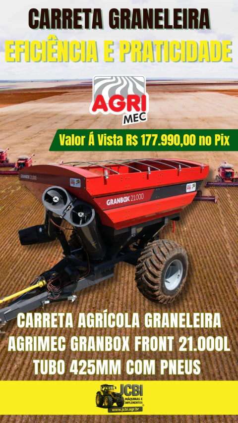 CARRETA AGRÍCOLA GRANELEIRA AGRIMEC GRANBOX FRONT 21.000L TUBO 425MM COM PNEUS NOVA
