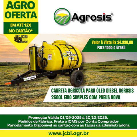 CARRETA AGRÍCOLA PARA ÓLEO DIESEL AGROSIS 2600L EIXO SIMPLES COM PNEUS NOVA