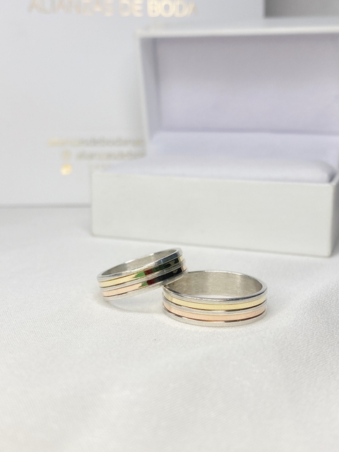 Alianzas Tricolor Base Plata 925 Super Anchas con 2 hilos de oro rosa y amarillo