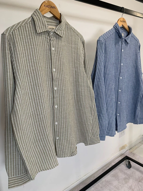 Camisa Lino Manga Larga Raya - Verde - comprar online