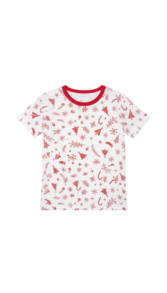 Camiseta adulto natalina branca com estampa vermelha de elementos natalinos.