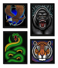 4 Quadros Arte Animais Aguia Gorila Cobra Tigre Decoração