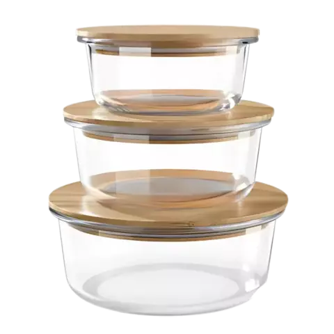 Set 3 herméticos redondos de vidrio con tapa de bambú