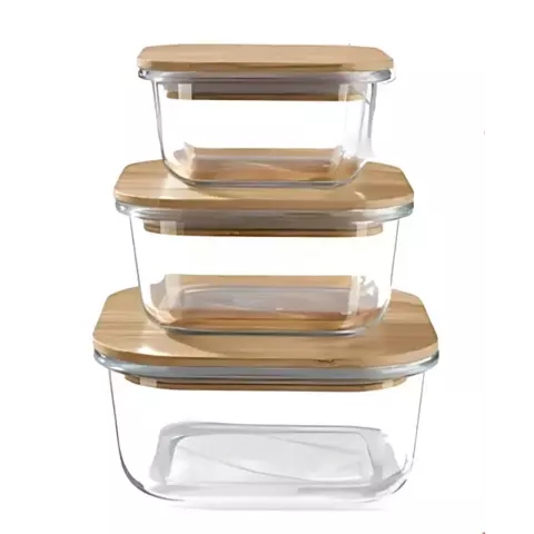 Set 3 herméticos cuadrados de vidrio con tapa de bambú
