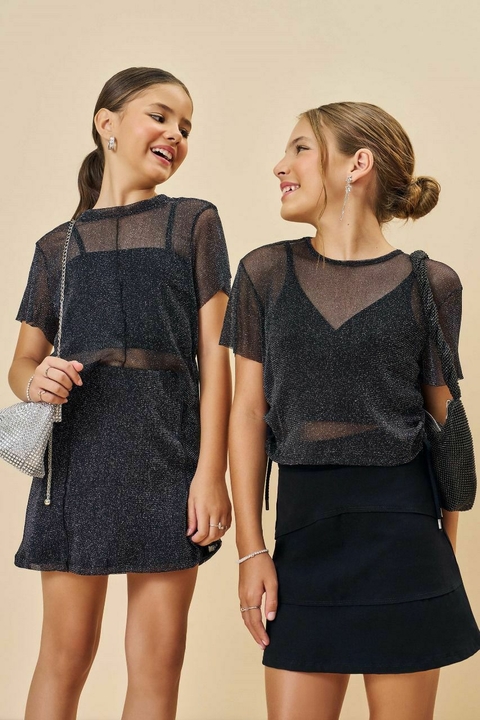 Blusa Cropped Sobreposição em Tule Brilho e Top em Canelado Maui 77095 Vic&Vicky