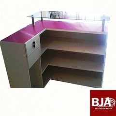 Balcão Em L Mdf Branco Tampo Rosa C/ Vidro Superior