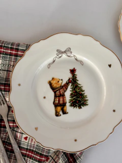 Prato Sobremesa Laço com urso off white 19 cm