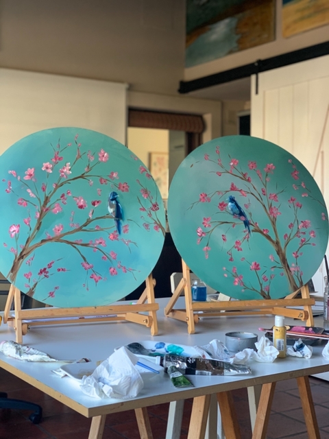 “Sakura en flor con golondrinas" Oleo circular
