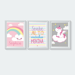 TRIO DE QUADROS UNICÓRNIO/SONHE ALTO MINHA PEQUENA