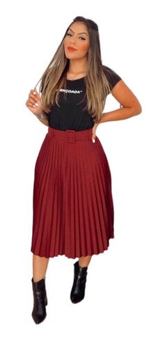 Saia Feminina Mid Plissada Com Cinto Evangélica Esporte Fino - comprar online
