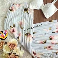 Saia Feminina Longa Plissada Esporte Fino Estampa Floral Moda Evangélica Cintura Alta Godê Tecido Crepe Casual/verão na internet