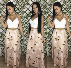 Saia Longa Plissada Social Evangélica Estampa Floral Cintura Alta Elegante