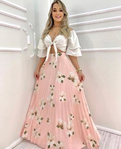Saia Feminina Longa Plissada Esporte Fino Estampa Floral Moda Evangélica Cintura Alta Godê Tecido Crepe Casual/verão - comprar online