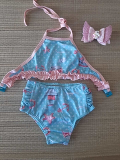 TOP CROPPED EST. / CALCINHA HOT PANTS AZUL COM DESENHOS (2)