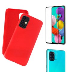 Kit Capa Silicone Vermelha Macio Galaxy A51 + Película 3D Vidro + Película Câmera