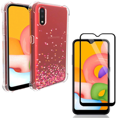 Capa Anti Queda Corações Galaxy A01 + Película de Vidro 3D + Kit Aplicação