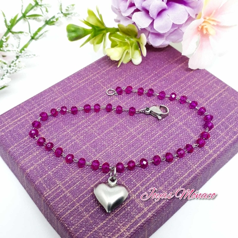 PULSERA CRISTAL FUCSIA CON CORAZÓN