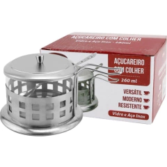 Açucareiro em inox com vidro e colher - Bijuterias Firmesa
