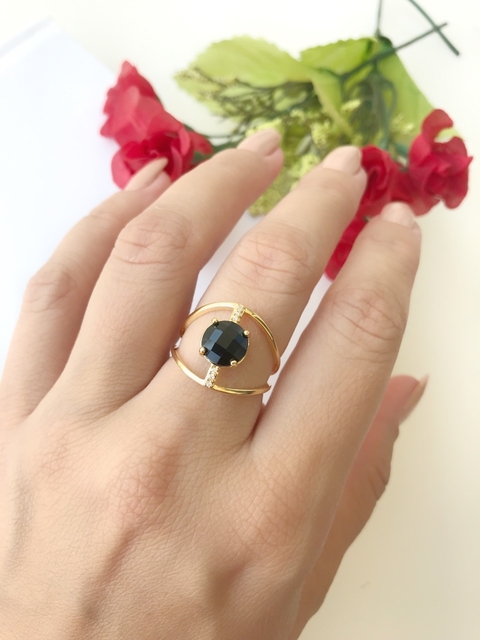 Anel Vazado pedra redonda-banho ouro amarelo