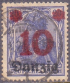 2137 ..... ALEMANHA - DANZIG - SOBRECARGA VERMELHA DE 10 SOBRE 20 Pf - USADO