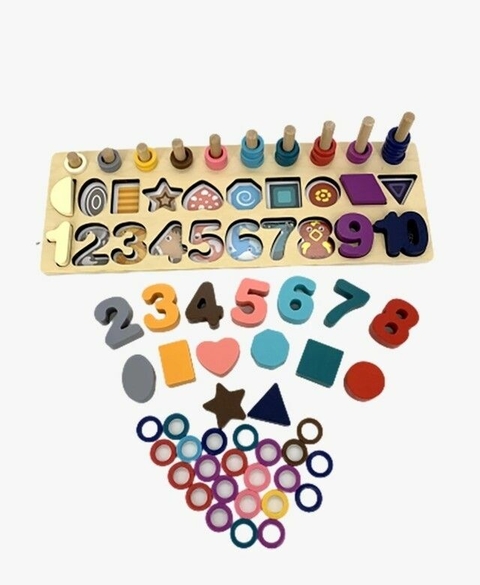 Juego 3 en 1: Abaco de encastre, encastre de número y de formas geométricas - MT