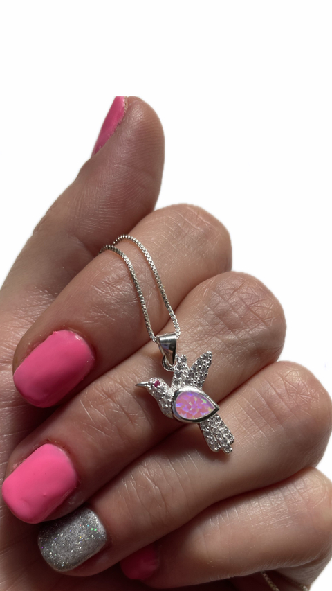 Collar colibri cadena de 45 cm + dije colibrí de plata 925 con cubics engarzados.