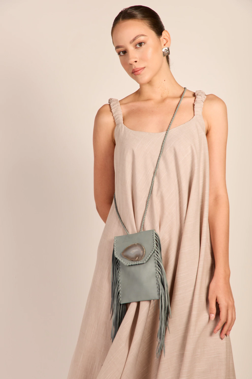 Bolsa em Couro Ágata com Franjas Azul