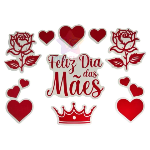 Adesivo Feliz dia das Mães - Corações, Rosas e Coroa Vermelho Decoração na internet